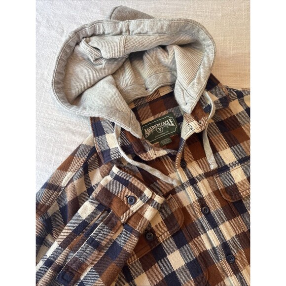 American Eagle AE Removable Hoodie Flannel Plaid Button Up Brown Blue Men's XS - Picture 1 of 11